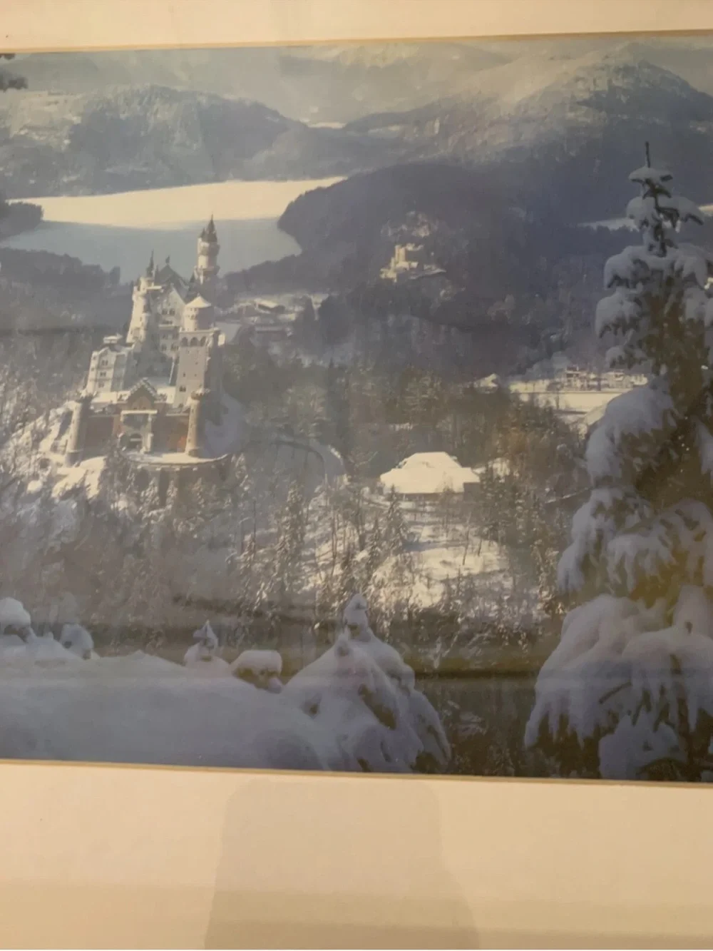 Vintage Neuschwanstein Castle Print Framed Snow